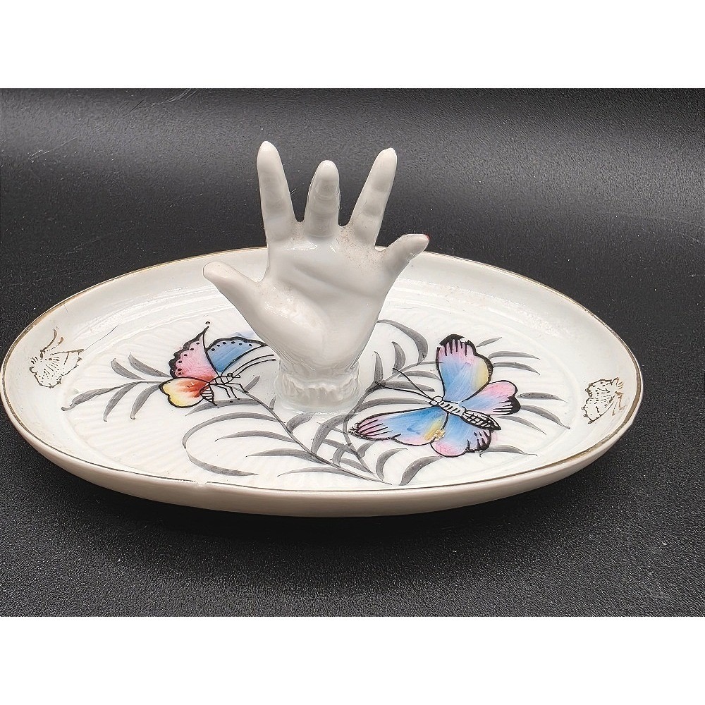 Vintage Porcelain Hand Ring Trinket Dish Butterfly Design Vanity Tray